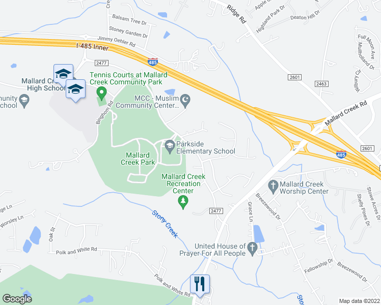 map of restaurants, bars, coffee shops, grocery stores, and more near 2915 Johnston Oehler Road in Charlotte