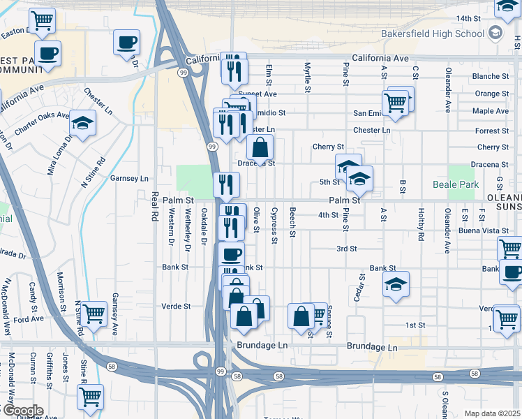 map of restaurants, bars, coffee shops, grocery stores, and more near 350 Olive Street in Bakersfield