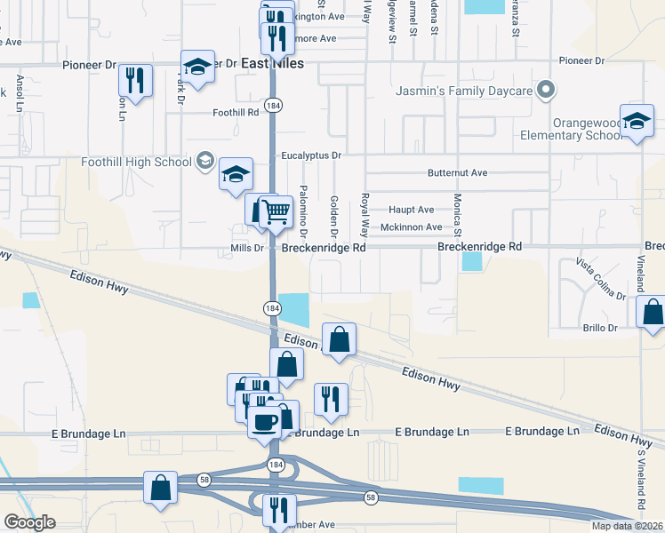 map of restaurants, bars, coffee shops, grocery stores, and more near 8325 Cha Cha Court in Bakersfield