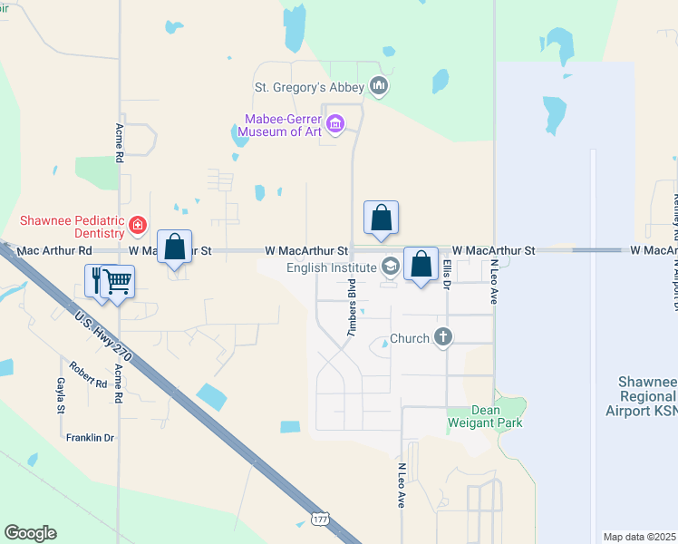 map of restaurants, bars, coffee shops, grocery stores, and more near 1933 Ridge Crest Drive in Shawnee
