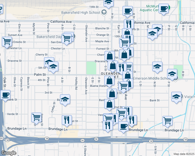 map of restaurants, bars, coffee shops, grocery stores, and more near 321 F Street in Bakersfield