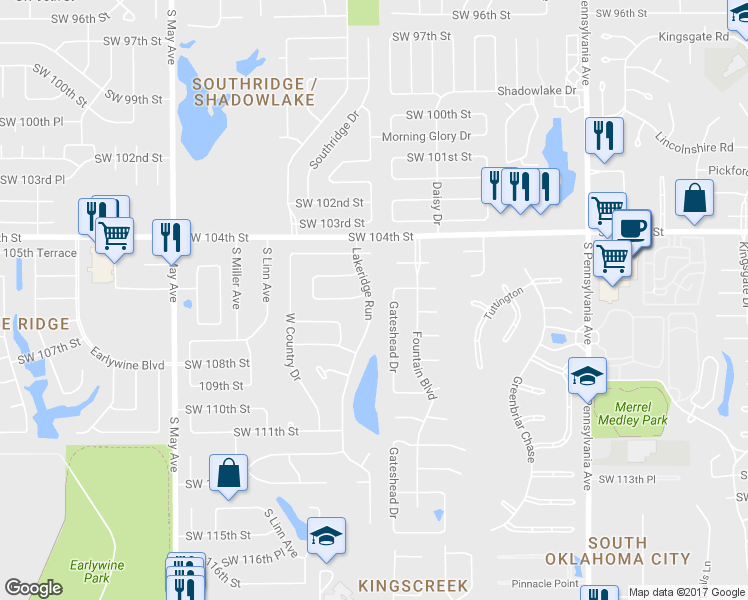 map of restaurants, bars, coffee shops, grocery stores, and more near 10800 Lakeridge Run in Oklahoma City