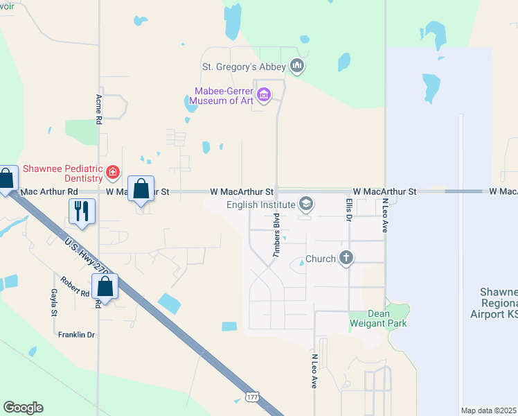 map of restaurants, bars, coffee shops, grocery stores, and more near 1933 Ridge Crest Dr in Shawnee