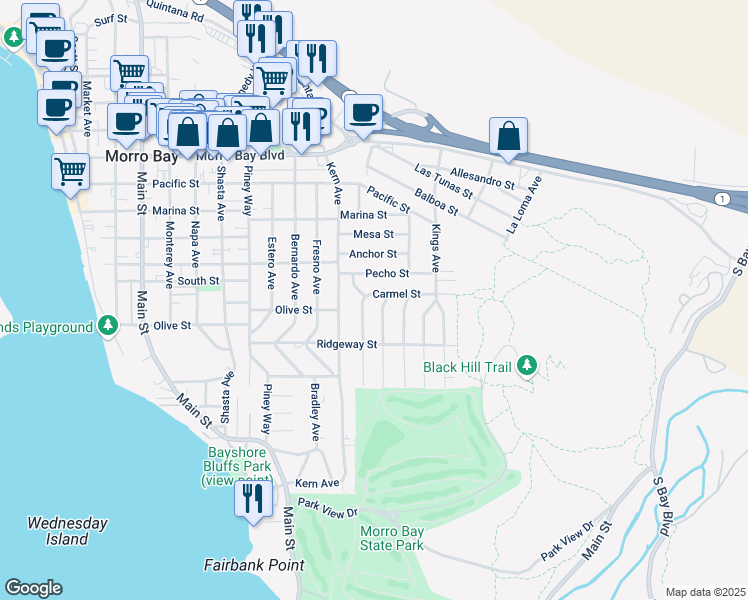 map of restaurants, bars, coffee shops, grocery stores, and more near 934 Carmel Street in Morro Bay