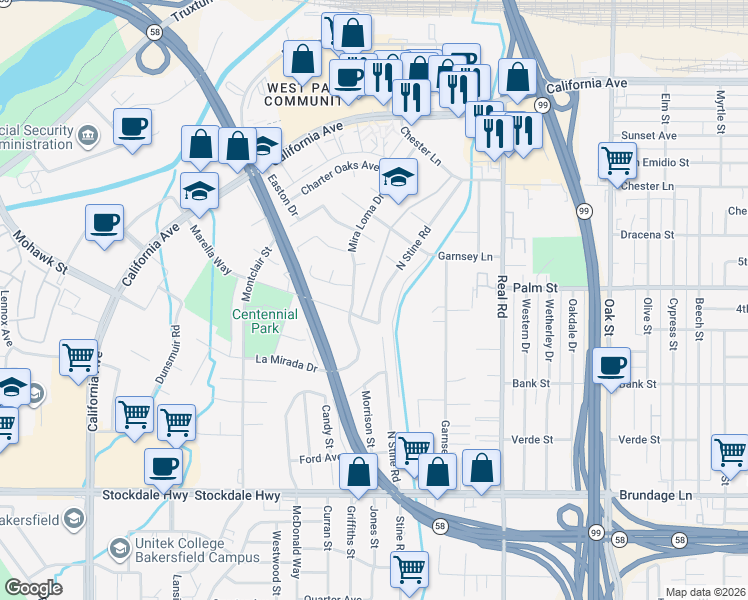 map of restaurants, bars, coffee shops, grocery stores, and more near 307 North Stine Road in Bakersfield