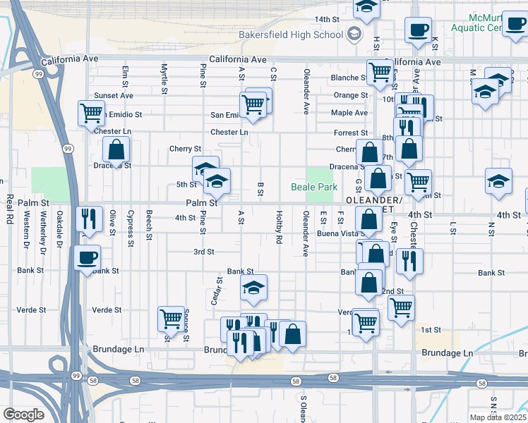 map of restaurants, bars, coffee shops, grocery stores, and more near 2223 Palm Street in Bakersfield