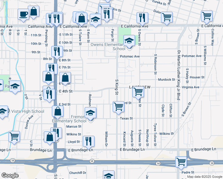 map of restaurants, bars, coffee shops, grocery stores, and more near 805 East 4th Street in Bakersfield
