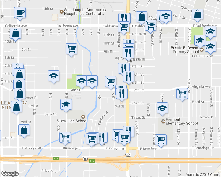 map of restaurants, bars, coffee shops, grocery stores, and more near 405 V Street in Bakersfield