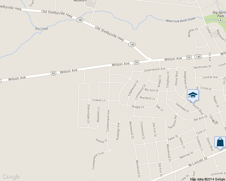 map of restaurants, bars, coffee shops, grocery stores, and more near 608 Cumberland Avenue in Tullahoma