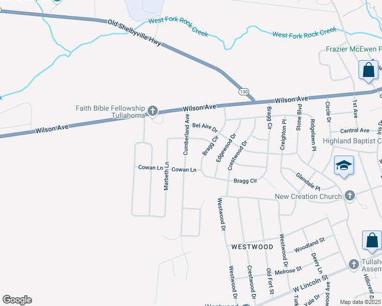 map of restaurants, bars, coffee shops, grocery stores, and more near 608 Cumberland Avenue in Tullahoma