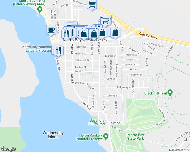 map of restaurants, bars, coffee shops, grocery stores, and more near 446 Shasta Avenue in Morro Bay
