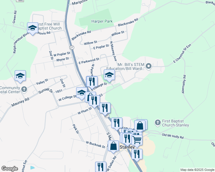 map of restaurants, bars, coffee shops, grocery stores, and more near 216 East College Street in Stanley