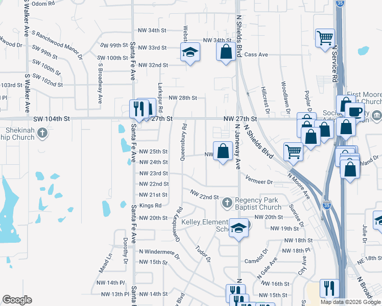 map of restaurants, bars, coffee shops, grocery stores, and more near 919 Northwest 24th Street in Moore