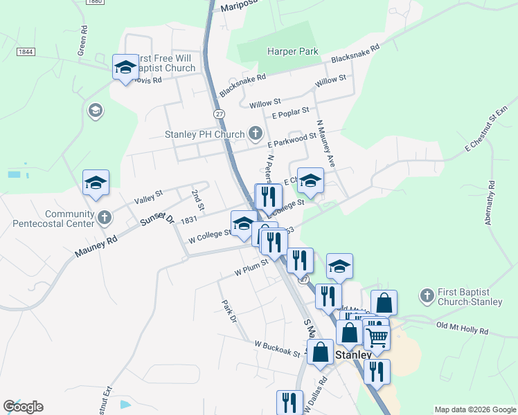 map of restaurants, bars, coffee shops, grocery stores, and more near 214 North Main Street in Stanley