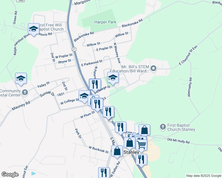 map of restaurants, bars, coffee shops, grocery stores, and more near 216 East College Street in Stanley