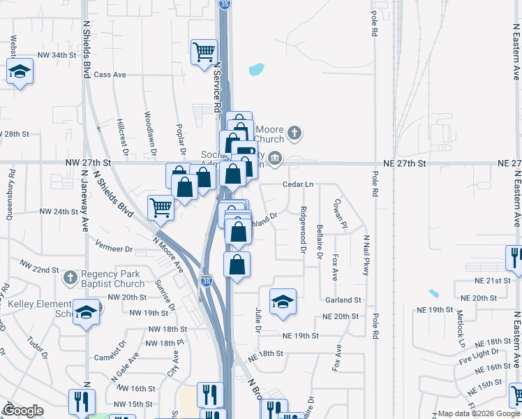 map of restaurants, bars, coffee shops, grocery stores, and more near 2509 Edgewood Drive in Moore