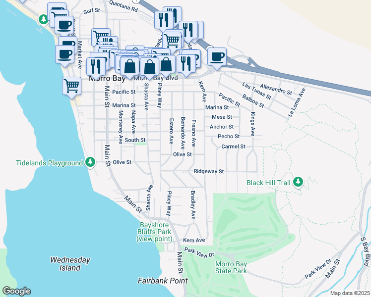 map of restaurants, bars, coffee shops, grocery stores, and more near 462 Bernardo Avenue in Morro Bay