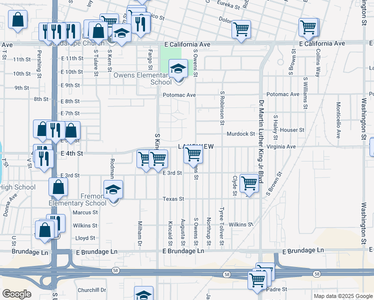 map of restaurants, bars, coffee shops, grocery stores, and more near 340 Augusta Street in Bakersfield