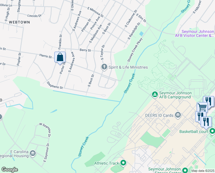 map of restaurants, bars, coffee shops, grocery stores, and more near 1405 South Taylor Street in Goldsboro