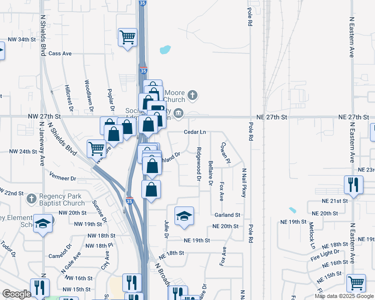 map of restaurants, bars, coffee shops, grocery stores, and more near 2500A Highland Drive in Moore