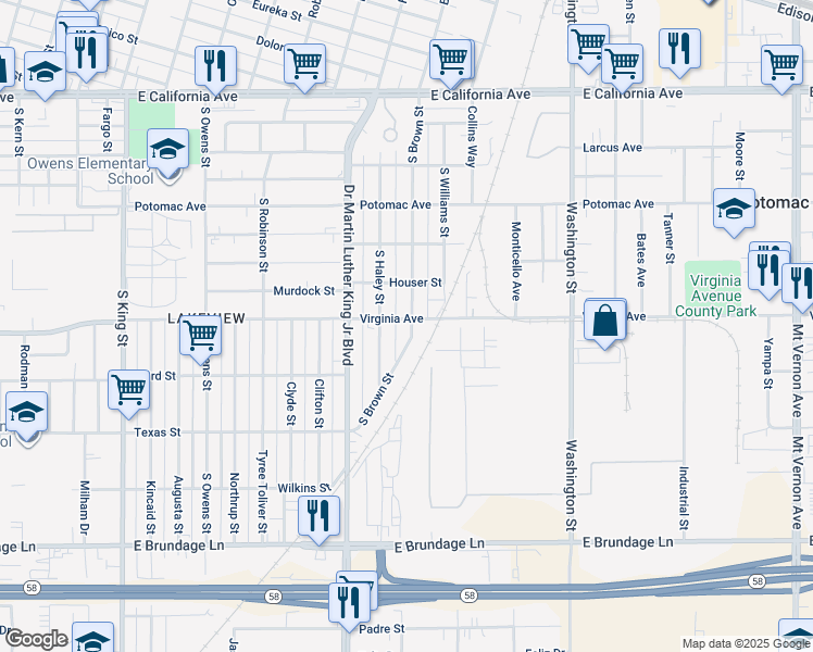 map of restaurants, bars, coffee shops, grocery stores, and more near 338 South Brown Street in Bakersfield