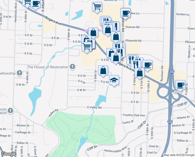 map of restaurants, bars, coffee shops, grocery stores, and more near 4914 South U Street in Fort Smith