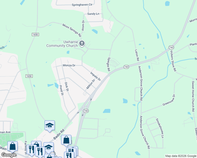 map of restaurants, bars, coffee shops, grocery stores, and more near 402 Impala Drive in Albemarle