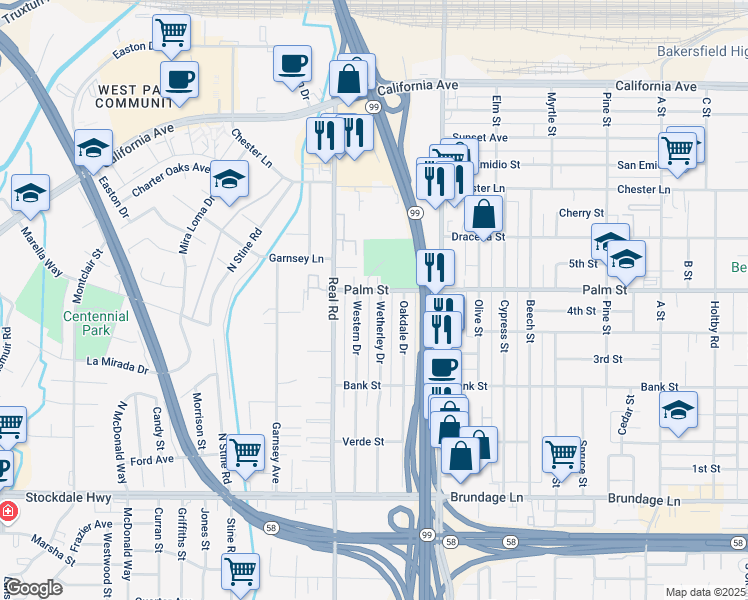 map of restaurants, bars, coffee shops, grocery stores, and more near 357 Wetherley Drive in Bakersfield