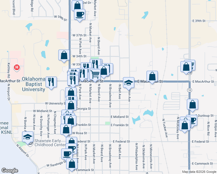map of restaurants, bars, coffee shops, grocery stores, and more near 2614 North Broadway Avenue in Shawnee