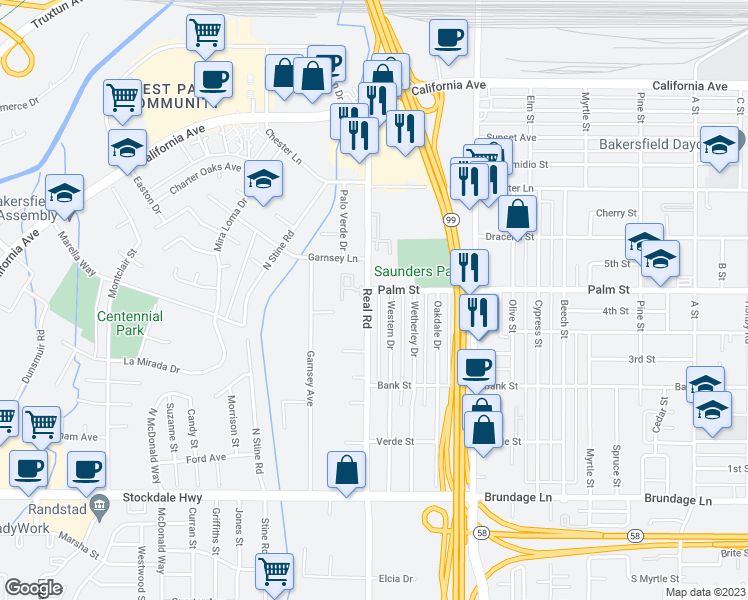 map of restaurants, bars, coffee shops, grocery stores, and more near 356 Real Road in Bakersfield