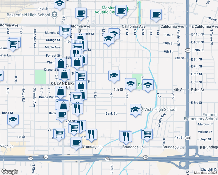 map of restaurants, bars, coffee shops, grocery stores, and more near 1104 4th Street in Bakersfield