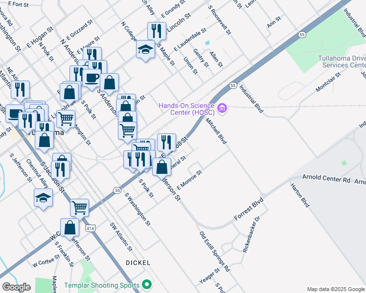 map of restaurants, bars, coffee shops, grocery stores, and more near 512 East Carroll Street in Tullahoma