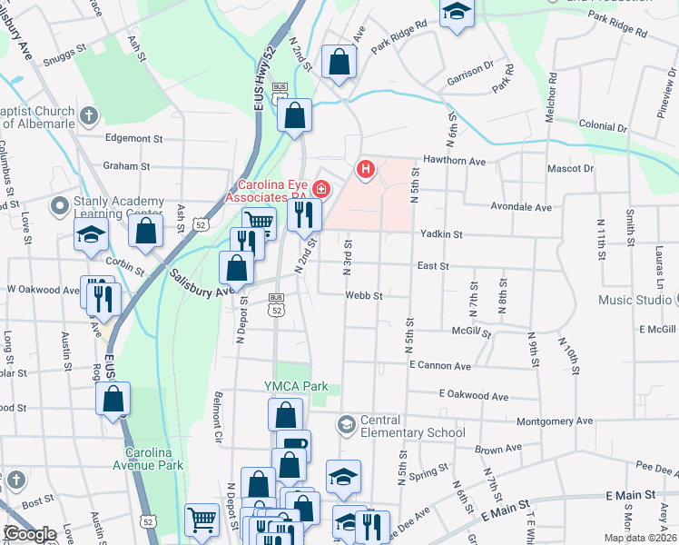 map of restaurants, bars, coffee shops, grocery stores, and more near 725 N 3rd St in Albemarle