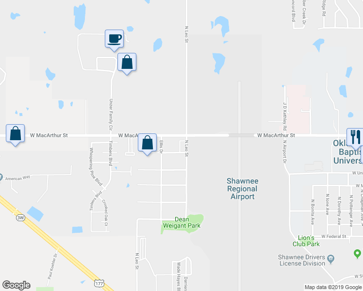 map of restaurants, bars, coffee shops, grocery stores, and more near 1701 West Macarthur Street in Shawnee