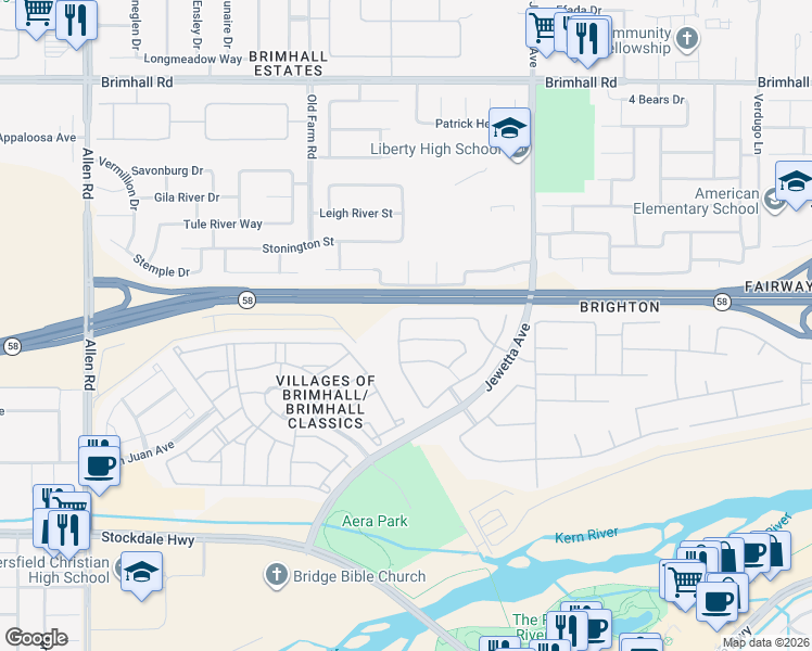 map of restaurants, bars, coffee shops, grocery stores, and more near 11713 Alton Manor Drive in Bakersfield