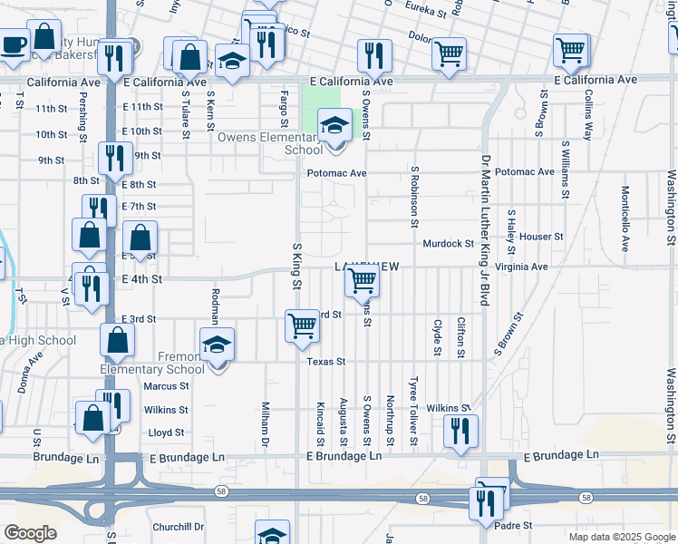 map of restaurants, bars, coffee shops, grocery stores, and more near 340 Augusta Street in Bakersfield