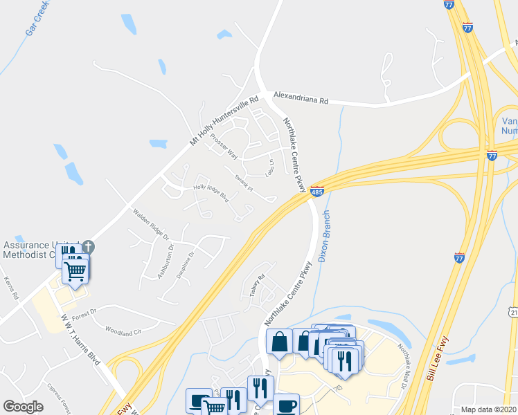 map of restaurants, bars, coffee shops, grocery stores, and more near 8260 Rudolph Road in Charlotte