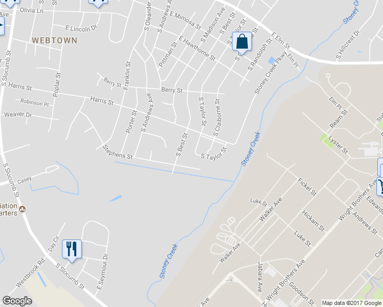 map of restaurants, bars, coffee shops, grocery stores, and more near 1307 South Taylor Street in Goldsboro