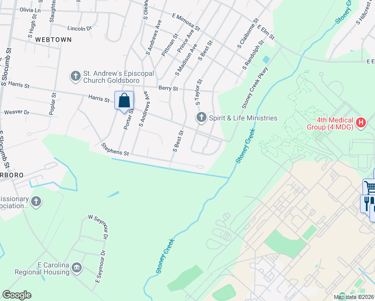 map of restaurants, bars, coffee shops, grocery stores, and more near 1307 South Taylor Street in Goldsboro