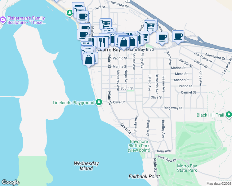 map of restaurants, bars, coffee shops, grocery stores, and more near 449 Monterey Avenue in Morro Bay