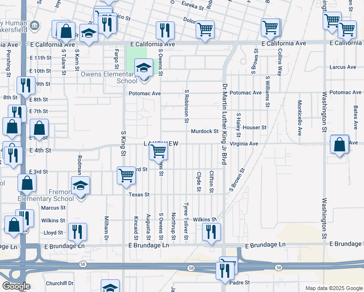 map of restaurants, bars, coffee shops, grocery stores, and more near 1213 Virginia Avenue in Bakersfield