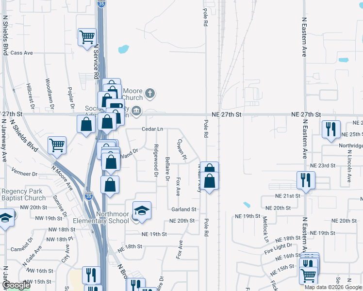 map of restaurants, bars, coffee shops, grocery stores, and more near 2512 Cowan Place in Moore