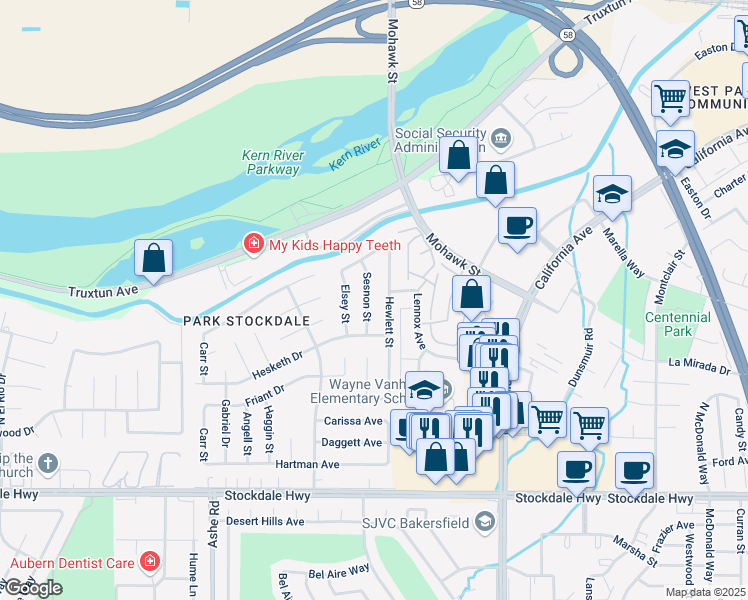map of restaurants, bars, coffee shops, grocery stores, and more near 709 Sesnon Street in Bakersfield