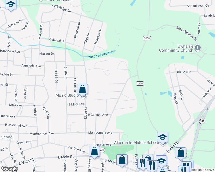 map of restaurants, bars, coffee shops, grocery stores, and more near 1238 Magnolia Street in Albemarle