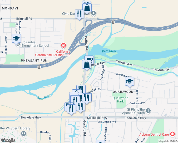 map of restaurants, bars, coffee shops, grocery stores, and more near 600 Coffee Road in Bakersfield
