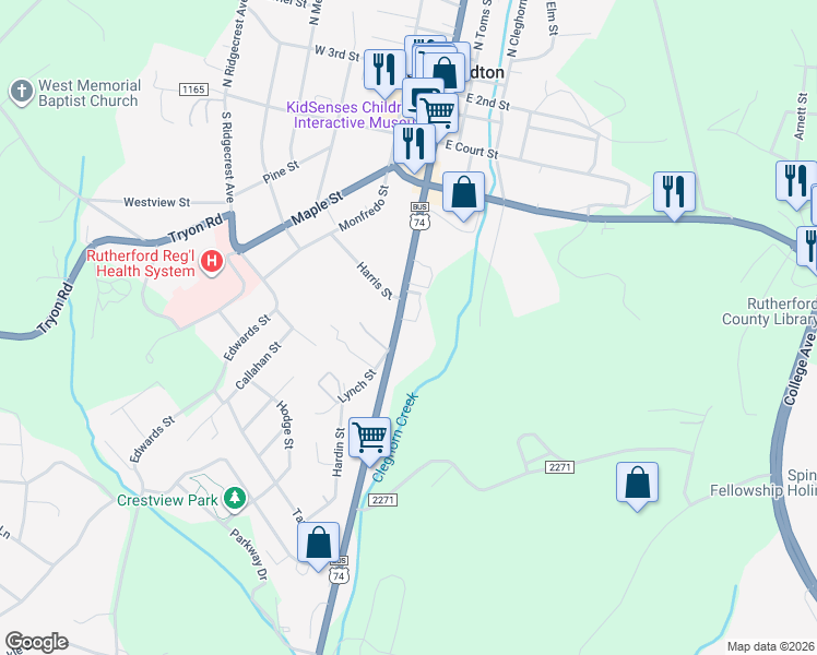 map of restaurants, bars, coffee shops, grocery stores, and more near 271 South Main Street in Rutherfordton