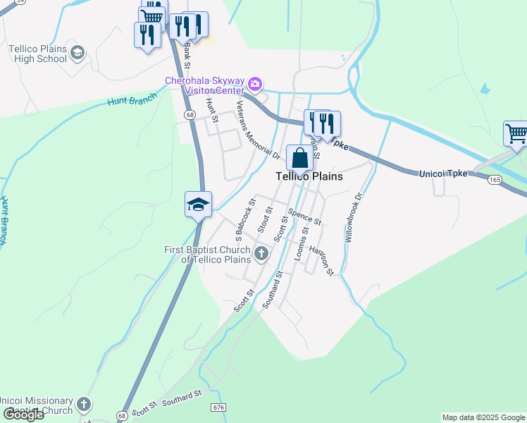 map of restaurants, bars, coffee shops, grocery stores, and more near 211 Stout Street in Tellico Plains