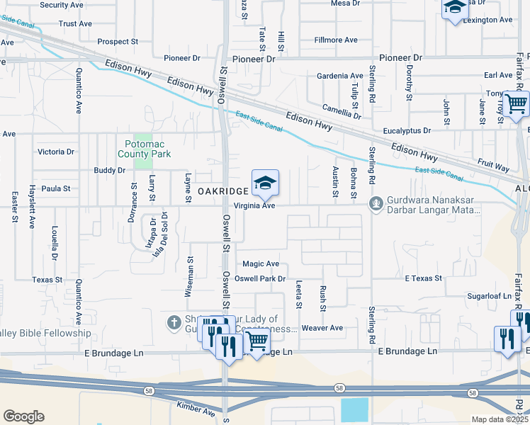 map of restaurants, bars, coffee shops, grocery stores, and more near 3301 Virginia Avenue in Bakersfield