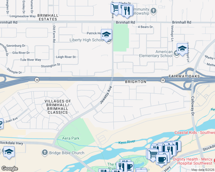 map of restaurants, bars, coffee shops, grocery stores, and more near 420 Hollyhill Drive in Bakersfield