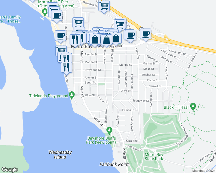 map of restaurants, bars, coffee shops, grocery stores, and more near 446 Shasta Avenue in Morro Bay